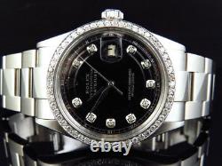 Mens Rolex 36MM Datejust Oyster Stainless Steel Black Dial Diamond Watch 2.15 Ct