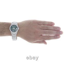 Mens Rolex 36mm DateJust Diamond Watch Fully lced Band Green Roman Dial 5 CT