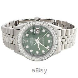 Mens Rolex 36mm DateJust Diamond Watch Jubilee Steel Band Custom Green Dial 2 CT