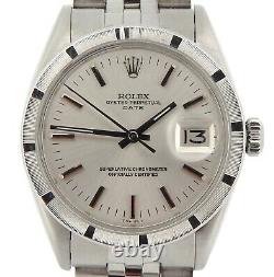 Mens Rolex Date Stainless Steel Watch Engine-Turned Index Bezel Silver Dial 1501