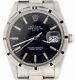 Mens Rolex Date Stainless Steel Watch Oyster Band Black Dial Engine-Turned 15010