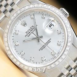 Mens Rolex Datejust 16234 Silver Factory Diamond 18k White Gold & Steel Watch