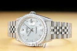 Mens Rolex Datejust 16234 Silver Factory Diamond 18k White Gold & Steel Watch