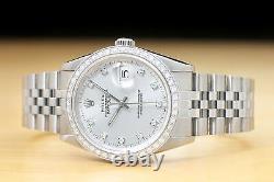 Mens Rolex Datejust 16234 Silver Factory Diamond 18k White Gold & Steel Watch