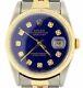 Mens Rolex Datejust 18k Gold Steel Watch with Submariner Blue Diamond Dial 16233