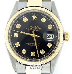 Mens Rolex Datejust 2tone Yellow Gold Stainless Steel Watch Black Diamond Dial