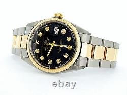 Mens Rolex Datejust 2tone Yellow Gold Stainless Steel Watch Black Diamond Dial