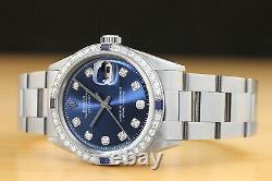 Mens Rolex Datejust Blue Diamond Sapphire 18k White Gold Stainless Steel Watch
