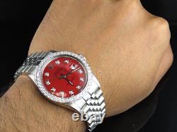 Mens Rolex Datejust Quickset 16014 Jubilee 36 MM Red Dial Diamond Watch 3.0 Ct