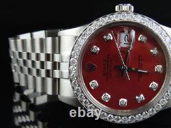 Mens Rolex Datejust Quickset 16014 Jubilee 36 MM Red Dial Diamond Watch 3.0 Ct