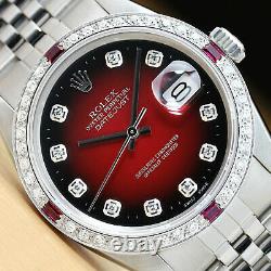 Mens Rolex Datejust Red Vignette Diamond Ruby 18k White Gold & Steel Watch 16014