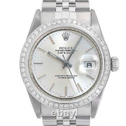 Mens Rolex Datejust Steel Factory Silver Index Diamond Bezel Jubilee Band Watch