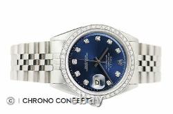 Mens Rolex Diamond Datejust 18K White Gold & Stainless Steel Blue Dial Watch