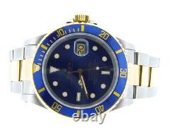 Mens Rolex Submariner 18k Yellow Gold Stainless Steel Watch Blue Date Sub 16613