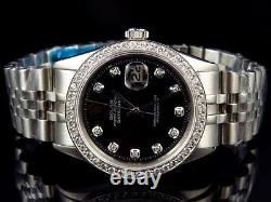 Mens Stainless Steel Rolex Datejust Jubilee Black Dial Diamond Watch with 2.15Ct