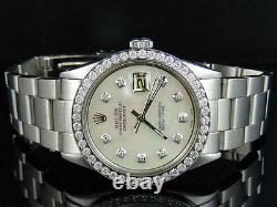 Mens Stainless Steel Rolex Datejust Oyster 36MM MOP Dial Diamond Watch 2.5 Ct