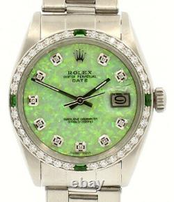 Mens Vintage ROLEX Oyster Perpetual Date 34mm GREEN OPAL Dial Diamond Stainless