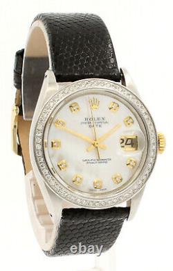 Mens Vintage ROLEX Oyster Perpetual Date 34mm Mother-of-Pearl Dial Diamond Steel