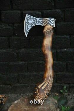 New Custom Hand Forged Bearded Axe Etching Axe with Handle Carving Gift for Men