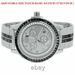 Onyx Black White Gold Custom Solid Steel Bezel Band Baguette Real Diamond Watch