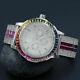 Rainbow Color Custom Solid Steel Bezel Real Diamond Dial White Gold Tone Watch
