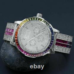 Rainbow Color Custom Solid Steel Bezel Real Diamond Dial White Gold Tone Watch