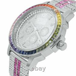 Rainbow Color Custom Solid Steel Bezel Real Diamond Dial White Gold Tone Watch