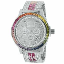 Rainbow Color Custom Solid Steel Bezel Real Diamond Dial White Gold Tone Watch