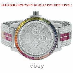 Rainbow Color Custom Solid Steel Bezel Real Diamond Dial White Gold Tone Watch