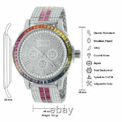 Rainbow Color Custom Solid Steel Bezel Real Diamond Dial White Gold Tone Watch