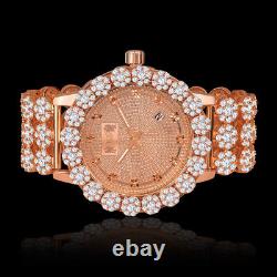 Real Diamond Men's Stainless Steel Rose Gold Custom Flower IceHouse Watch WithDate