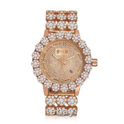 Real Diamond Men's Stainless Steel Rose Gold Custom Flower IceHouse Watch WithDate