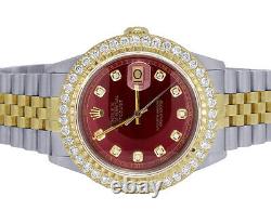 Rolex 18K/Steel Datejust Two Tone 36MM Red Dial Diamond Watch 3.0 Ct