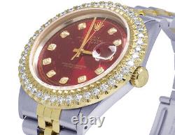 Rolex 18K/Steel Datejust Two Tone 36MM Red Dial Diamond Watch 3.0 Ct