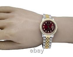 Rolex 18K/Steel Datejust Two Tone 36MM Red Dial Diamond Watch 3.0 Ct