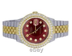 Rolex 18K/Steel Datejust Two Tone 36MM Red Dial Diamond Watch 3.0 Ct