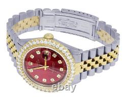 Rolex 18K/Steel Datejust Two Tone 36MM Red Dial Diamond Watch 3.0 Ct