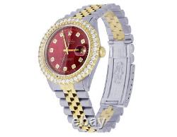 Rolex 18K/Steel Datejust Two Tone 36MM Red Dial Diamond Watch 3.0 Ct
