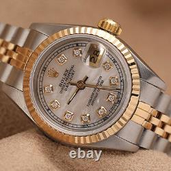 Rolex 26mm Datejust Watch White Mother of Pearl Diamond Dial Fluted Bezel