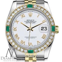 Rolex 26mm Datejust Watch White Roman Numeral Dial Emerald & Diamond Bezel