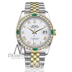 Rolex 26mm Datejust Watch White Roman Numeral Dial Emerald & Diamond Bezel