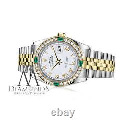 Rolex 26mm Datejust Watch White Roman Numeral Dial Emerald & Diamond Bezel