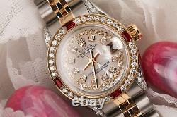 Rolex 26mm Datejust White Mother Of Pearl String Dial Ruby & Diamond Bezel