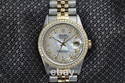 Rolex 36mm Datejust 2Tone White MOP Mother of Pearl String Diamond Dial & Bezel