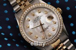 Rolex 36mm Datejust White Mother Of Pearl Diamond Dial & Bezel 2 Tone Watch