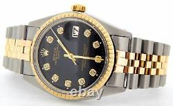 Rolex Date 1505 Mens Stainless Steel Yellow Gold Watch Black Diamond Dial