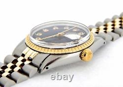 Rolex Date 1505 Mens Stainless Steel Yellow Gold Watch Black Diamond Dial