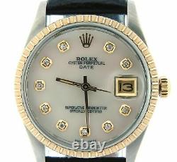 Rolex Date 15053 Mens Stainless Steel Yellow Gold Watch White MOP Diamond Dial