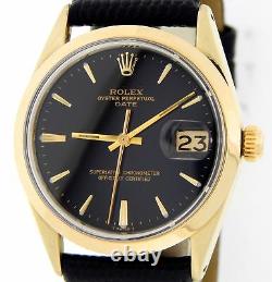 Rolex Date 1550 Mens 14K Gold Shell Watch Black Leather Band Black Dial 34mm