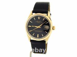 Rolex Date 1550 Mens 14K Gold Shell Watch Black Leather Band Black Dial 34mm